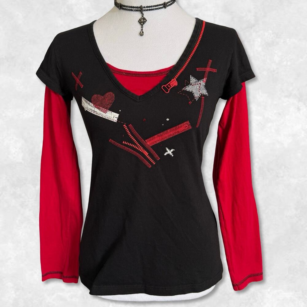 Y2K Layered Henley Punk Red and Black Top Size Medium